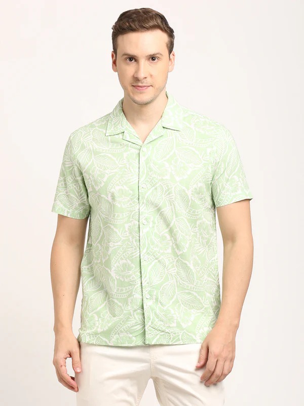 Indian Terrain Men's Slim Fit Half Sleeve Tropical Print Green Shirt